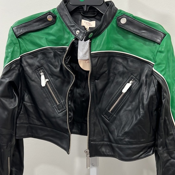 Camila Coelho Cropped Moto Biker Leather Jacket in Green & Black - Picture 4 of 9